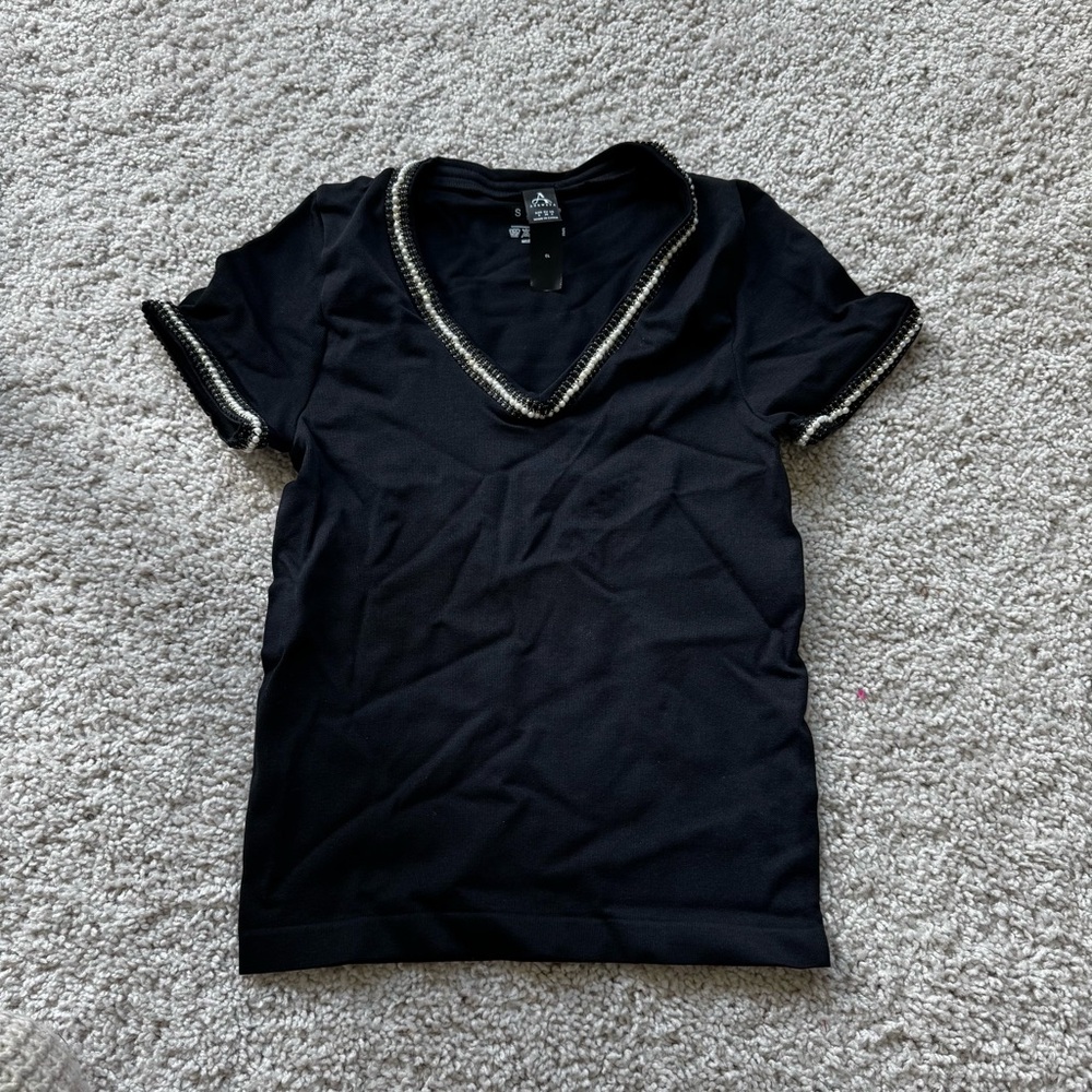 Black V-Neck Top with Silver Trim